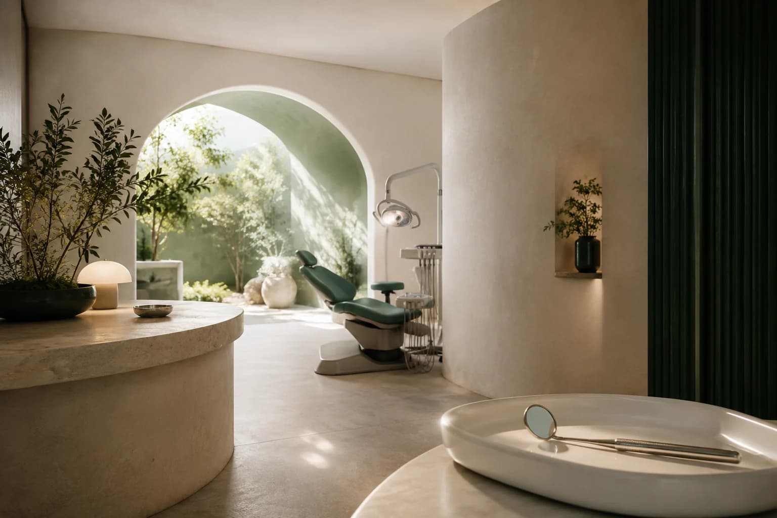 Interior conceptual de Aura: luz natural, piedra cálida y sillón dental verde